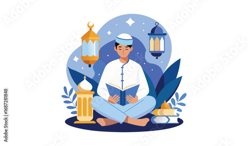 Muslim man reading quran under lanterns and stars