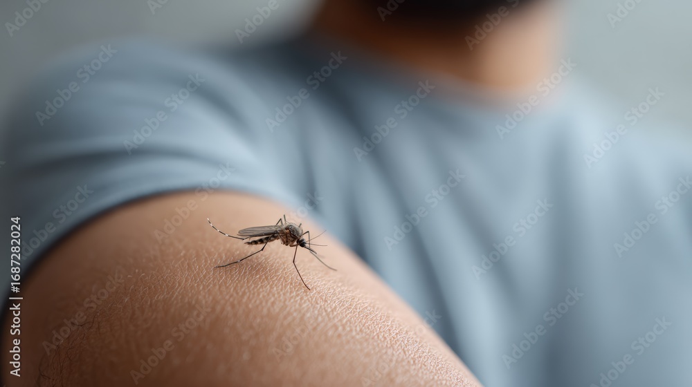 Obraz premium Mosquito standing on human skin preparing to bite and suck blood, transmitting various dangerous diseases like malaria, zika virus, dengue fever and other infections