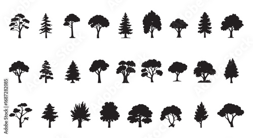 Diverse collection of silhouette trees representing various forest and garden species white background