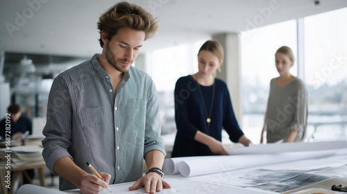 Designers work in a city, the creative scene illuminated by soft light. Designers, city, with copy space