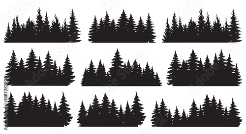 Collection of silhouetted pine forest and grassland scenes for nature and outdoor designs white background