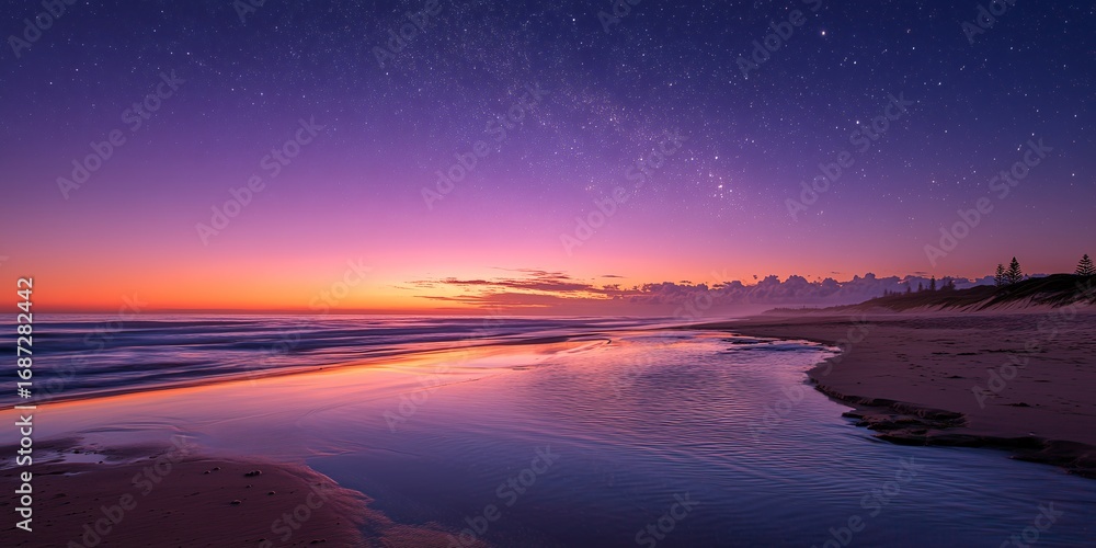 Fototapeta premium A serene beach at dusk, with a soft, purple and orange sky