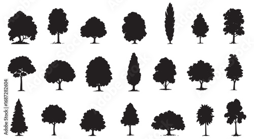 Collection of diverse tree silhouettes for landscape design and artistic projects white background