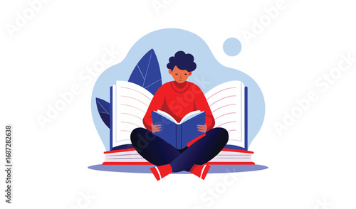 Person reading a book surrounded by open books and abstract shapes