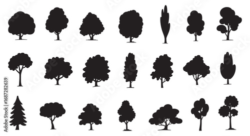 Collection of diverse tree silhouettes for artistic design elements and nature themes white background