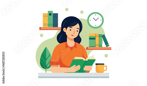 Young woman reading a book at a desk with a cup of coffee