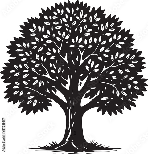 Majestic black and white oak tree silhouette rich foliage detailed branches symbolizing nature