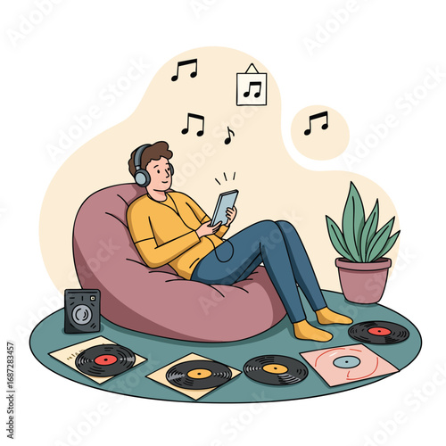 A cartoon man with headphones chills on a beanbag streaming music on a device amidst a collection of vinyl records.