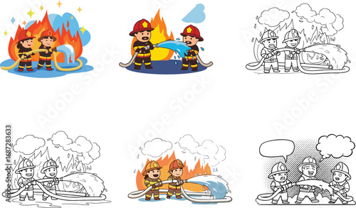 Cartoon firefighters putting out fire, using water hose, fire safety illustration, emergency scene, comic style rescue team artwork