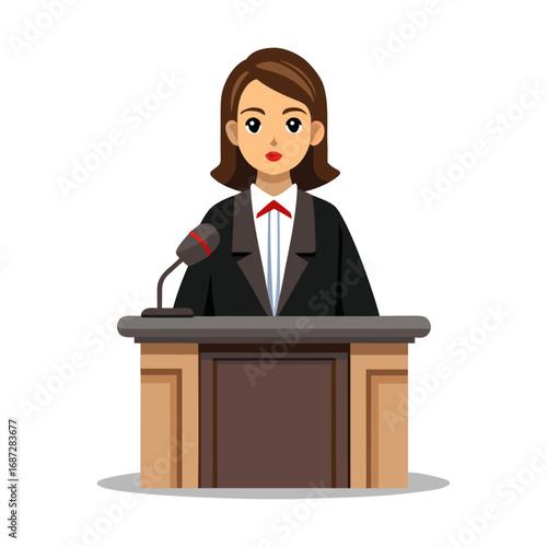 Professional confident female lawyer delivering persuasive speech at courtroom podium, justice legal attorney illustration vector for law, rights and advocacy