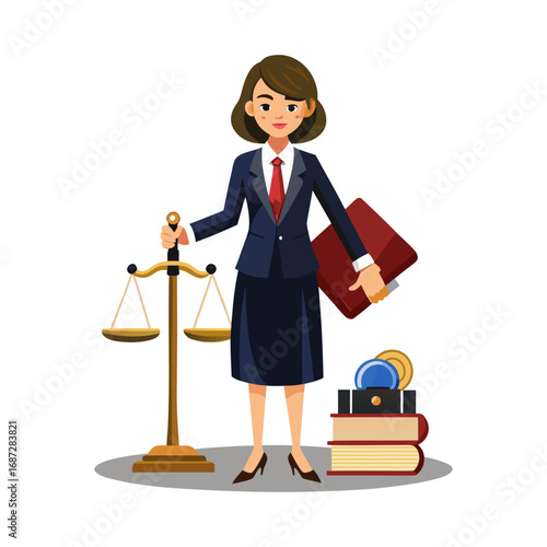 Professional female attorney vector illustration holding gavel and law books, symbolizing justice, legal advice, courtroom authority and modern law representation