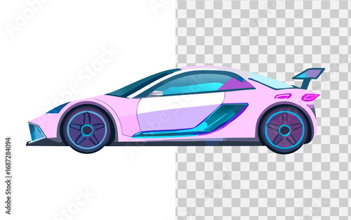 Elegant Pink Sports Car Illustration with Neon Accents on Transparent Backdrop