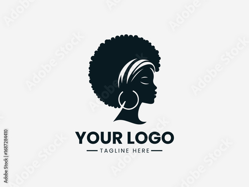 African woman silhouette vector logo with natural afro hairstyle headwrap and earrings