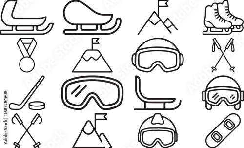 Winter Sports Icon Set Featuring Sleds Skates Ski Gear Snowboards Mountains and Hockey Equipment in Black and White Line Art