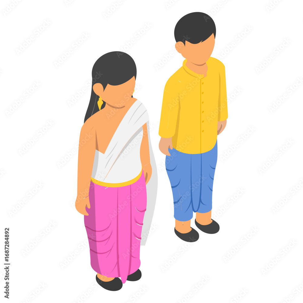 Obraz premium bangladesh couple standing together isometric Concept, Man wearing yellow shirt with blue dhoti and lady wearing sari vector design, World Indigenous Peoples symbol, characters in casual clothes Sign