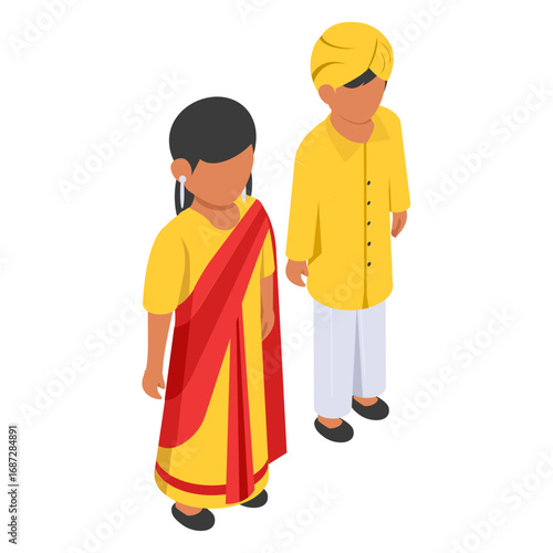 Indian couple standing together isometric Concept, groom dressed in yellow Sherwani and stunning bride in red saris vector design, World Indigenous Peoples symbol, characters in casual clothes Sign, 