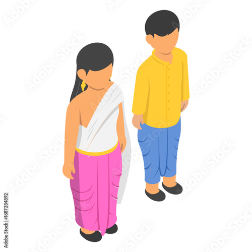 bangladesh couple standing together isometric Concept, Man wearing yellow shirt with blue dhoti and lady wearing sari vector design, World Indigenous Peoples symbol, characters in casual clothes Sign