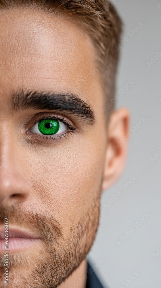 Fototapeta premium Close-up portrait of a young man with striking green eyes and well-groomed facial hair, showcasing a confident expression and smooth skin, emphasizing unique features and modern style