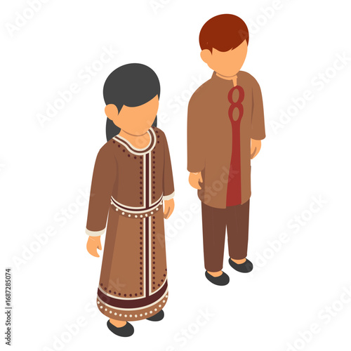 Mongolian Couple Standing together isometric Concept,  burgundy caftan with folded tunic vector design, World Indigenous Peoples symbol, characters in casual clothes Sign, traditional dress stock