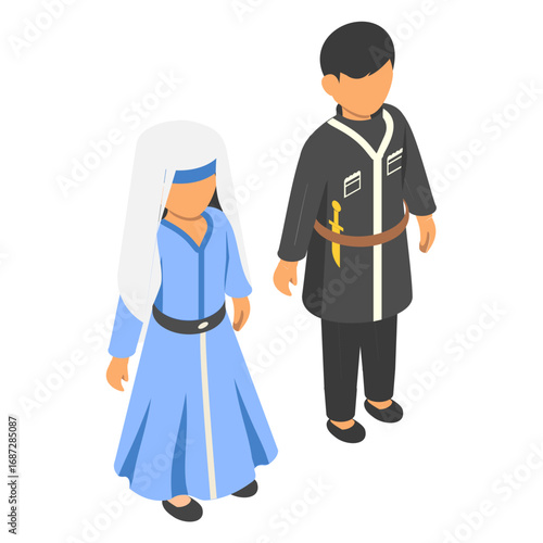 Georgian Couple Standing together isometric Concept, Man wearing cherkeska vector design, World Indigenous Peoples symbol, characters in casual clothes Sign, traditional dress stock illustration