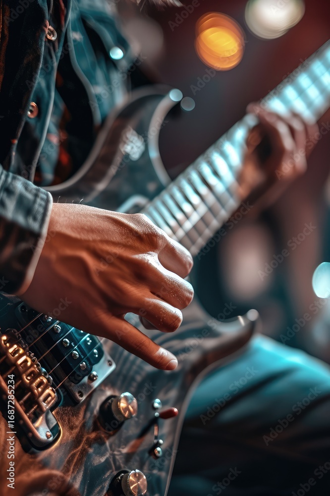 Obraz premium Guitarist performing on stage with electric guitar.