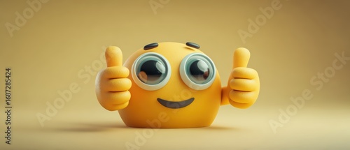 Cute yellow emoji with large expressive eyes giving a double thumbs up gesture and a friendly smile on a neutral background