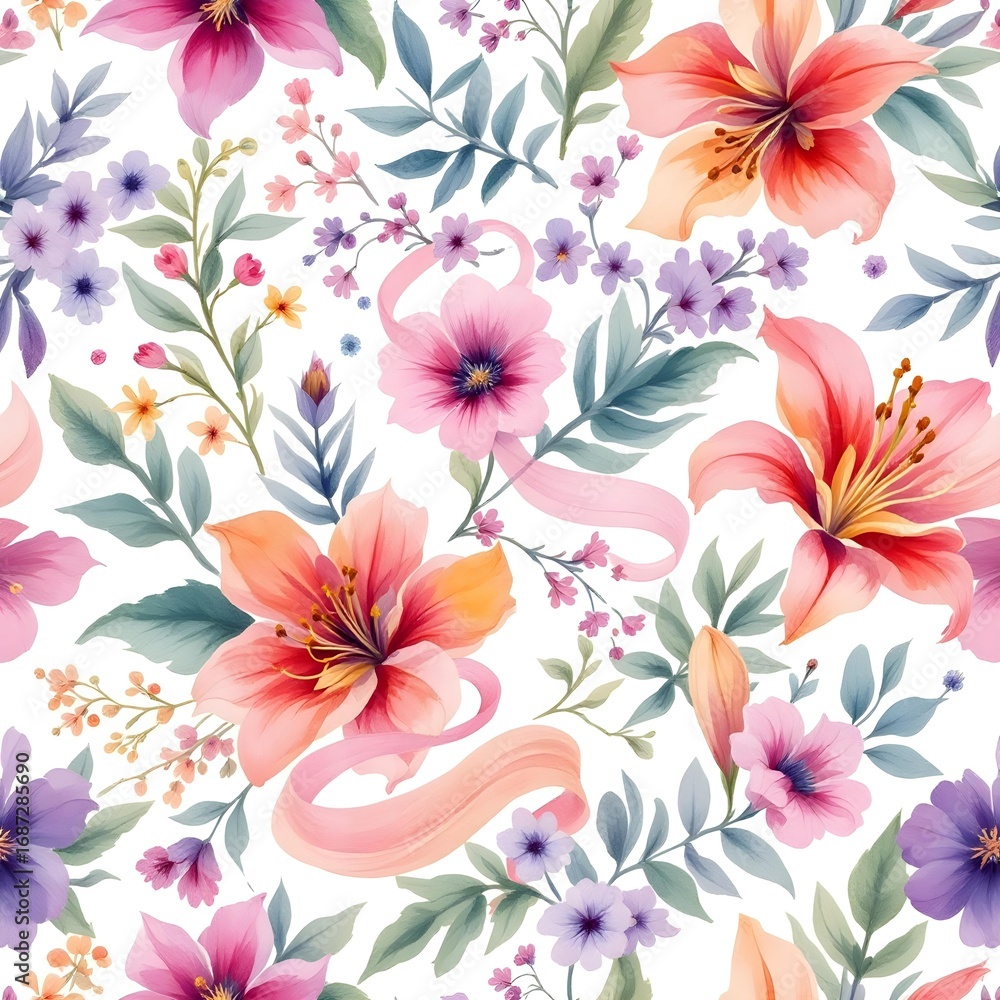 Obraz premium Watercolor floral pattern of hand-painted wildflowers and sprawling leaves tied with a sheer ribbon on a bright white silk background, created for wallpaper and fabric, illuminated with diffused