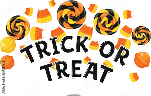 Festive halloween candy arrangement with lollipops and candy corn on white background