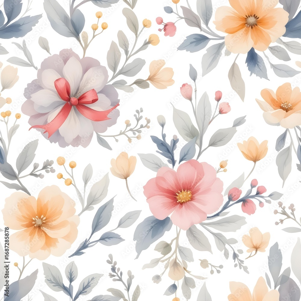 Obraz premium Watercolor floral pattern of hand-painted wildflowers and sprawling leaves tied with a sheer ribbon on a bright white silk background, created for wallpaper and fabric, illuminated with diffused