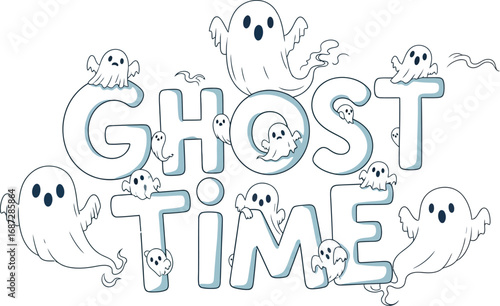 Cute cartoon ghosts floating around the words ghost time on a white background