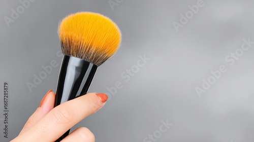 Makeup brush held by a manicured hand with orange nails against a soft gray background, showcasing beauty tools and cosmetics for professional makeup application
