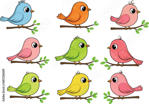 Colorful cartoon birds, cute bird illustration, sitting on branch, kids clipart, decorative vector birds, playful animal artwork, bright nature graphic, adorable baby bird collection.