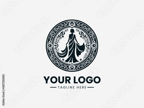 Elegant woman in saree with ornamental decorative circular frame vector logo design