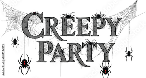Creepy party invitation design with spiders and webs for halloween celebration event