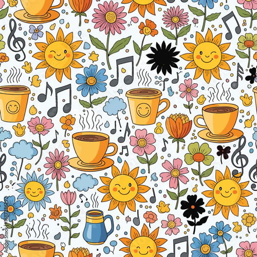 A cheerful seamless pattern featuring smiling suns coffee cups colorful flowers and musical notes.