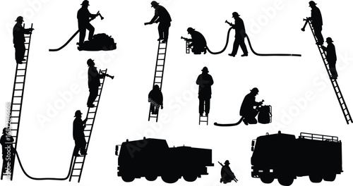 Firefighter silhouettes, fire truck vector, emergency responders, rescue team illustration, hose handling, ladder climbing, fire safety concept, black silhouette design