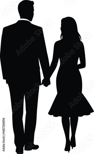 Romantic couple walking, silhouette in love, elegant olding hands, stylish formal attire, timeless affection, graceful relationship pose, vector design