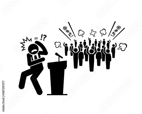Illustrative Scene of a Public Speaker Overwhelmed by Fear and Facing a Hostile, Protesting Audience