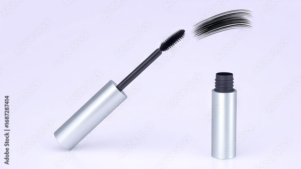 Obraz premium Sleek mascara tube with wand positioned above, showcasing elegant design and glossy finish, ideal for beauty product marketing and cosmetic branding