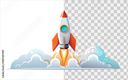Cartoon Rocket Launching into the Sky, Surrounded by Clouds and Smoke for Startups