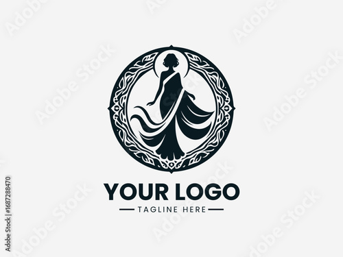 Elegant woman in saree with ornamental decorative circular frame vector logo design