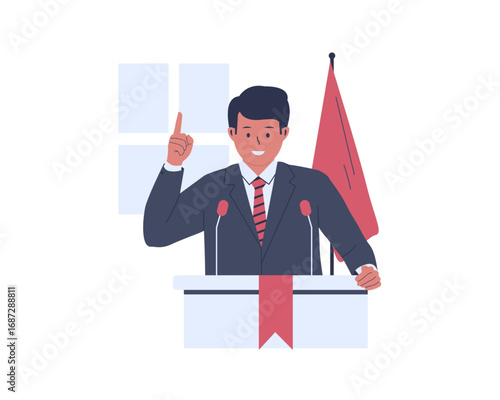 A confident male politician or business leader delivering an important speech from a podium, making a point with a raised finger flat vector illustration