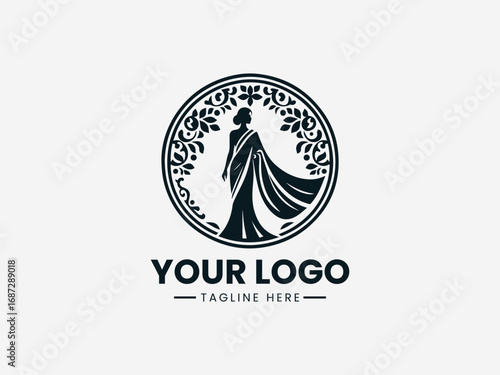 Elegant woman in saree with ornamental decorative circular frame vector logo design