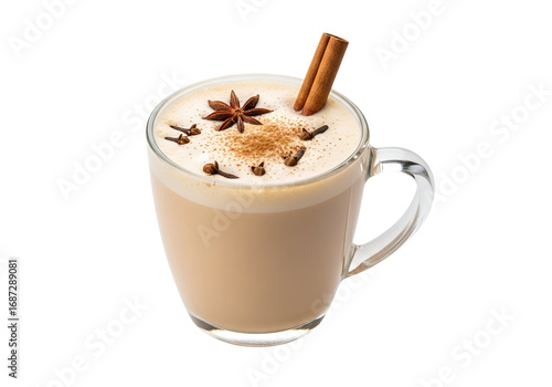 A glass mug filled with a spiced beverage, featuring cinnamon sticks, star anise, and cloves, sits against a black background.