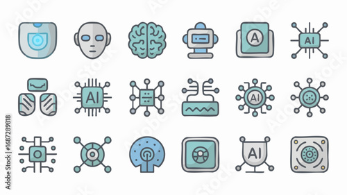Set of AI, brain, robot and cyber technology icons