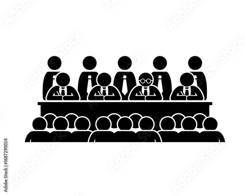 Professional business meeting or conference with an executive panel and engaged attendees, representing corporate discussion, strategic planning, and collaborative decision-making in a formal setting