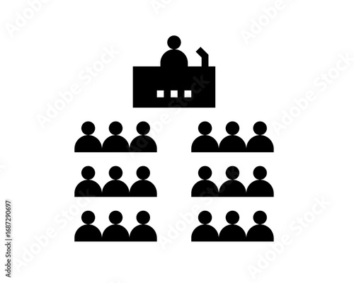 An iconic representation of a speaker addressing a diverse audience in a professional setting, symbolizing communication, presentations, and public speaking events