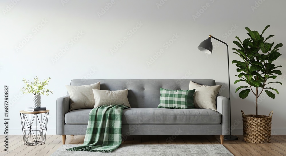 Naklejka premium Modern living room interior featuring a gray sofa with green accents decor