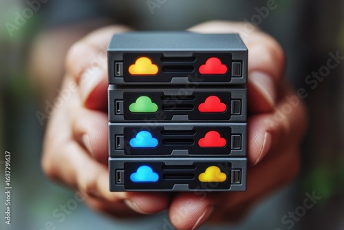 Wallpaper Mural A hand holding four stacked data storage devices with colorful cloud icons, emphasizing technology and digital storage. Torontodigital.ca