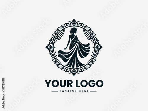Elegant woman in saree with ornamental decorative circular frame vector logo design